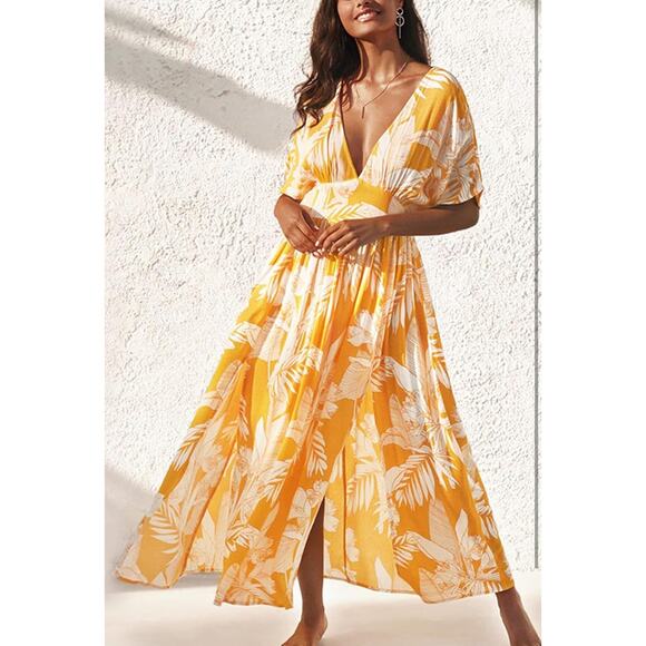 Cupshe Yellow + White Floral Print Short Sleeve V Neck Empire Waist Maxi Coverup - Picture 12 of 12